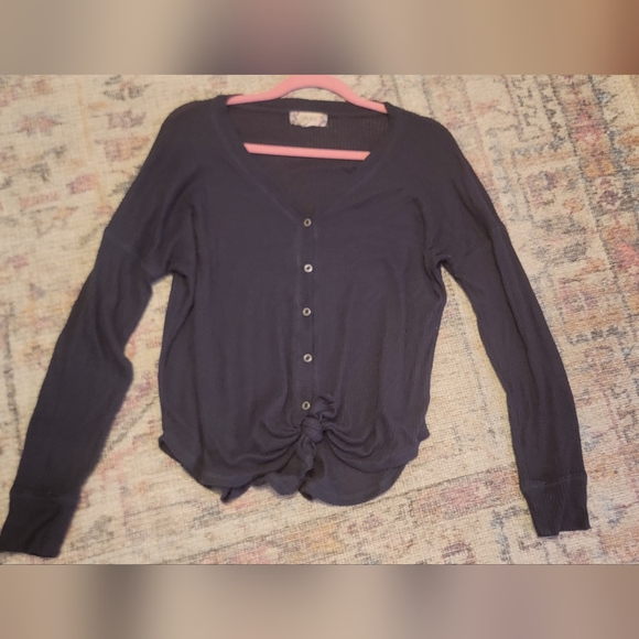 Pink Rose Women's Navy Blue Ribbed Button-Up Top With Tie Front Detail Size L - Picture 2 of 3